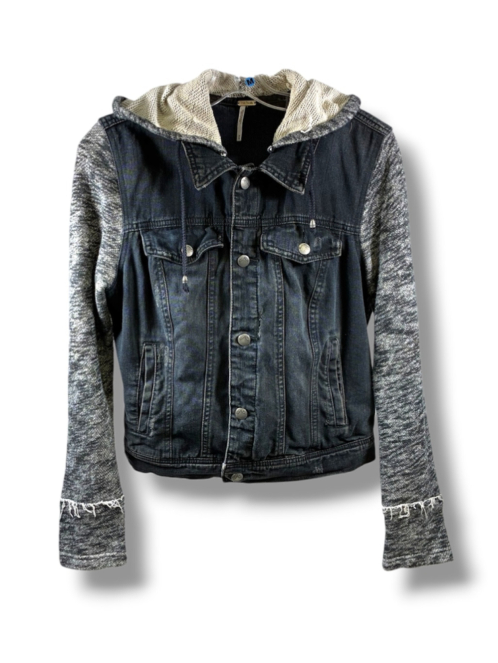 Free People Denim Fabric Distressed Hoodie Jacket in Black Size M
